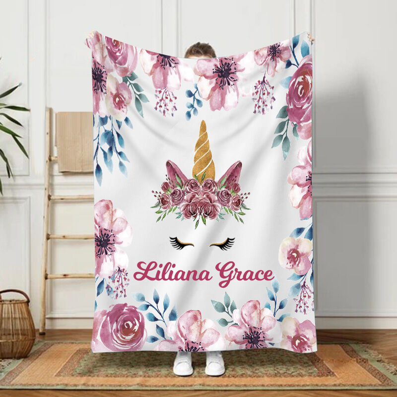 Personalized Name Blanket Floral And Unicorn Pattern Unique Gift