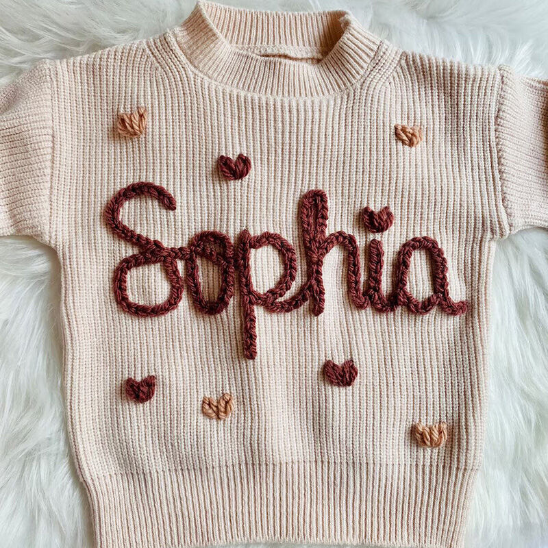 Personalized Handmade Name Sweater with Heart Shaped Decoration And Brown Text Creative Gift for Beautiful Baby