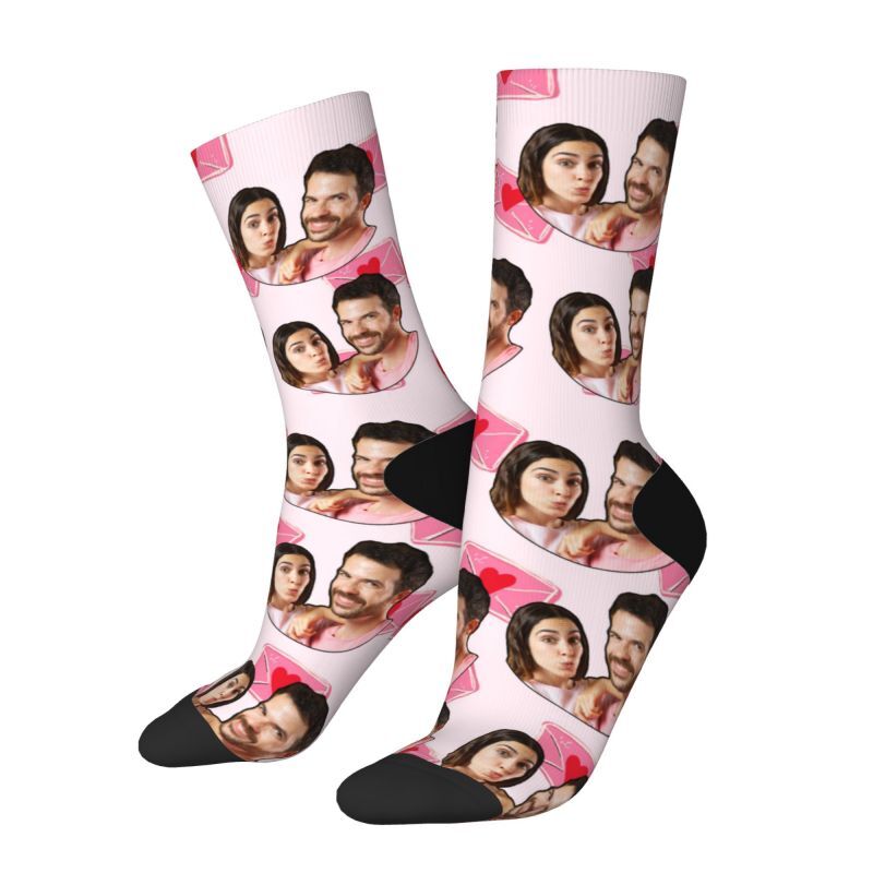 Personalized Face Socks with Pink Envelope Pattern to Add a Couple Photo for Anniversary