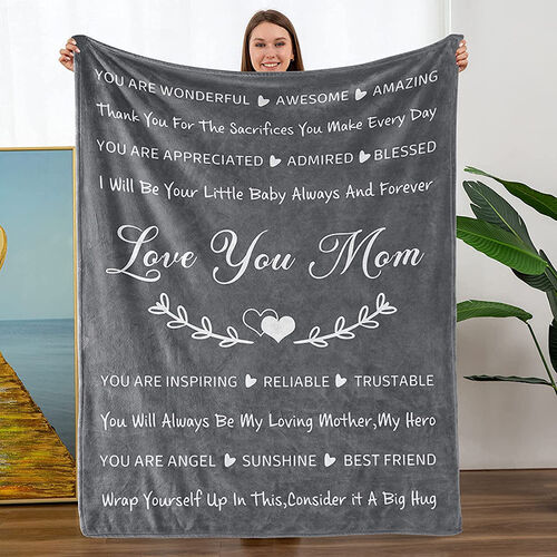 Personalized Flannel Letter Blanket Grey Leaf Pattern Blanket Gift from Kids for Mom