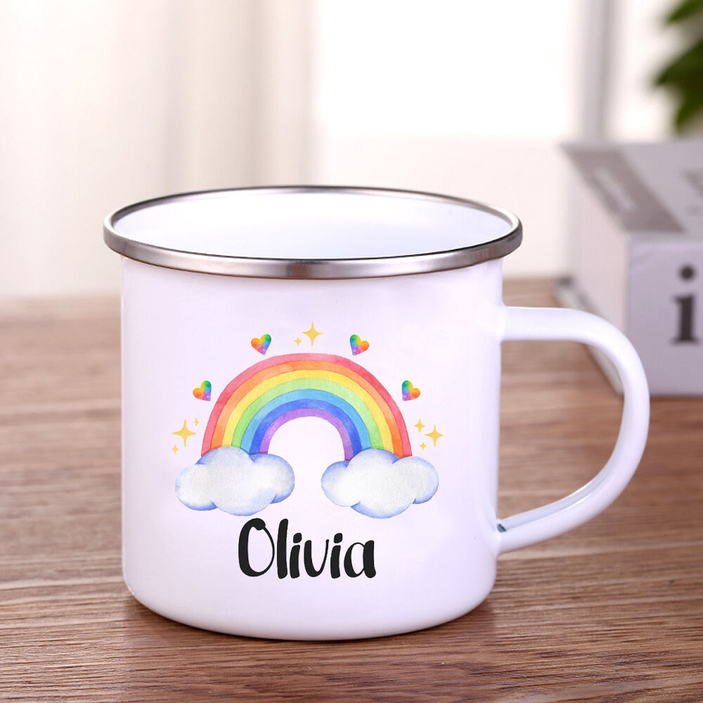 Personalized Enamel Cup with Rainbow Pattern and Name Back to School Gift