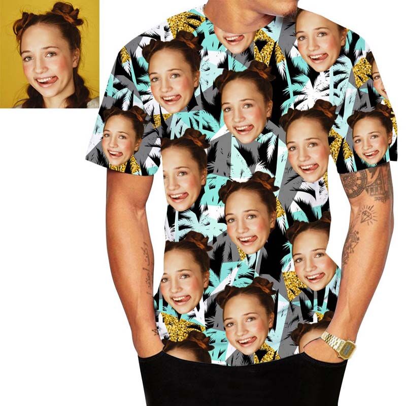 Custom Face Hawaiian T-Shirt With Silhouette Palm Tree