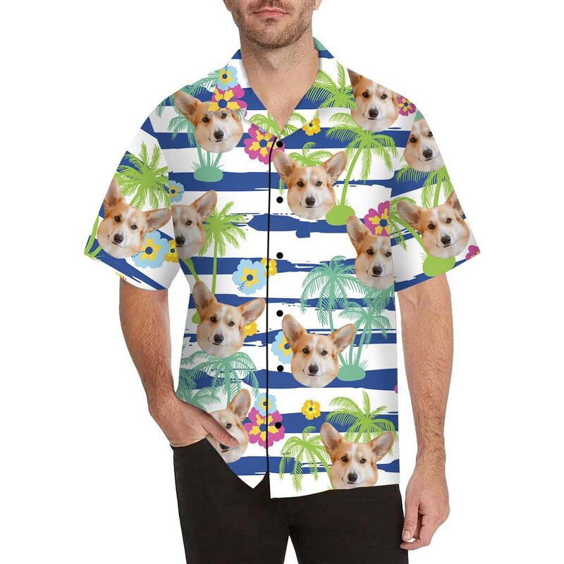 Custom Face Palm Trees and Cute Flowers Men's All Over Print Hawaiian Shirt