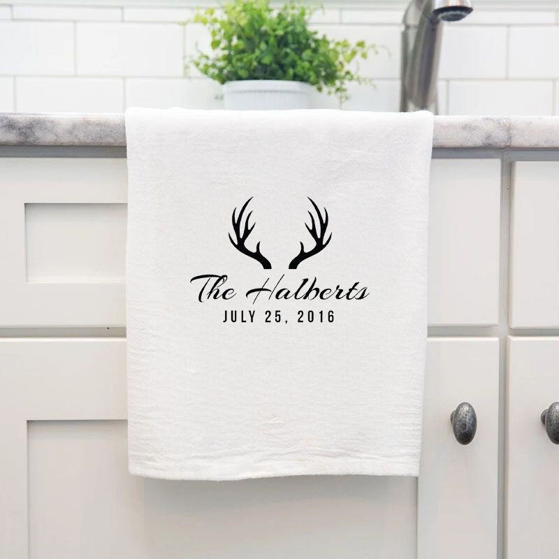 Personalized Towel with Custom Name and Date Deer Horn Design Pretty Gift for Family
