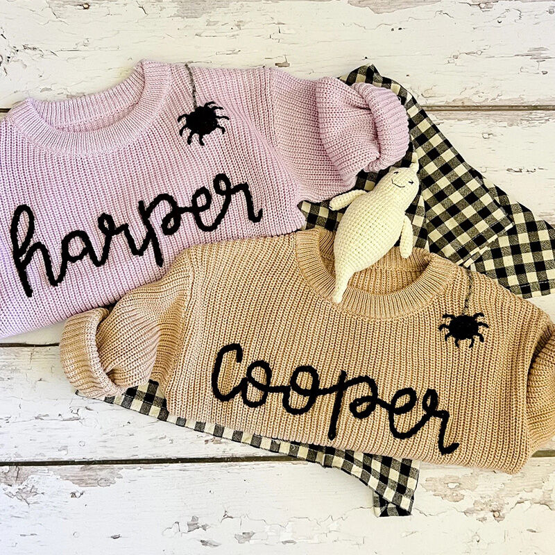 Personalized Handmade Name Sweater with Black Spider Decoration And Black Text Cool Gift for Kids