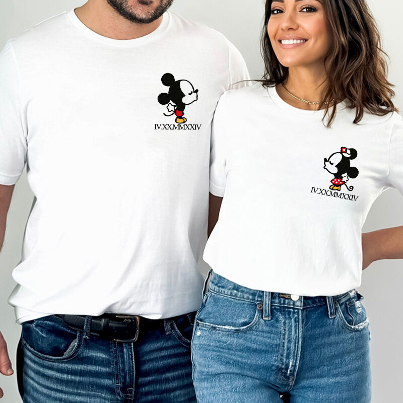 Personalized T-shirt Kissing Cartoon Mouse with Custom Roman Numeral Date Cute Gift for Couples