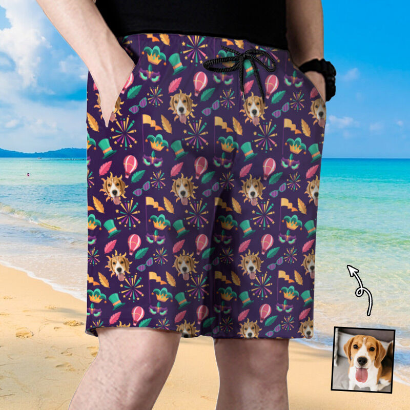 Personalized Picture Men's Beach Shorts with Fireworks Pattern Stylish Gift for Boyfriend