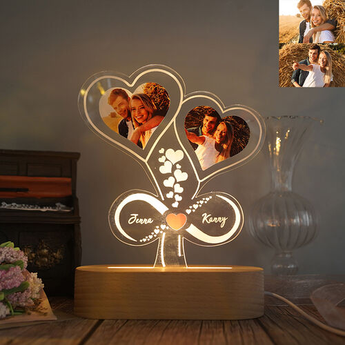 Lampe en acrylique personnalisée avec photo, coeur, infini, pour couple
