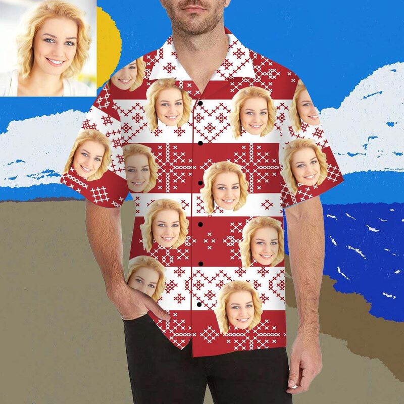 Custom Face Red and White Cross Stitch Men's All Over Print Hawaiian Shirt