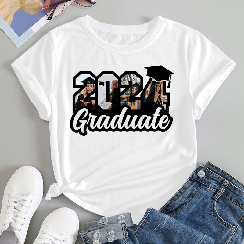 Personalisiertes T-Shirt 2024 Absolvent mit benutzerdefinierten Fotos Attraktives Geschenk zur Abschlussfeier