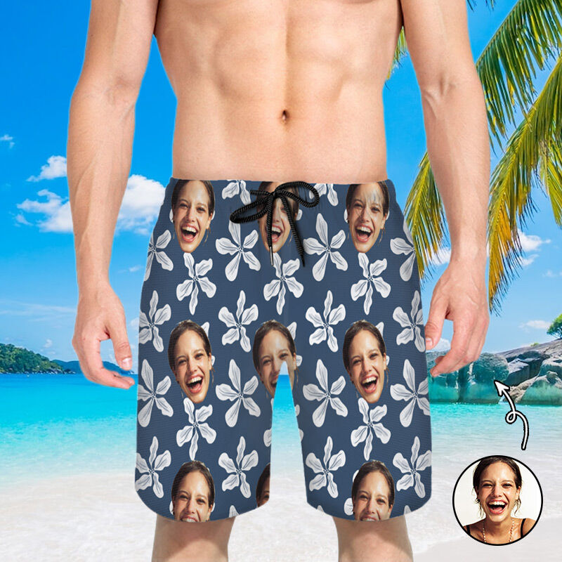 Personalized Picture Men's Beach Shorts with Simple Flowers Pattern Funny Gift for Family