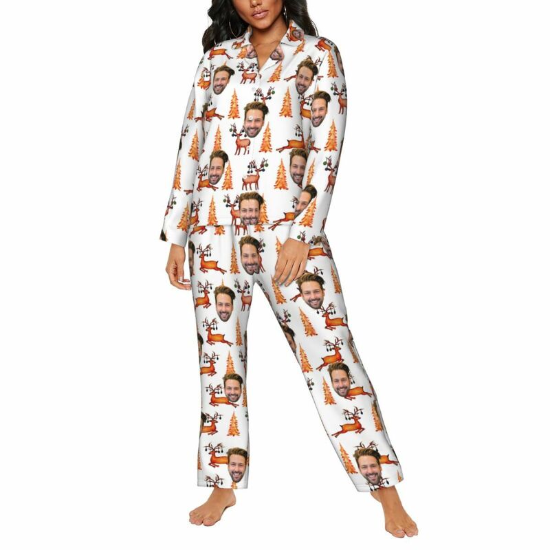 Personalisierte Pyjamas mit individuellem Foto Weihnachtsbaum Rentier Orangener Stil Design Warmes Geschenk für die Familie