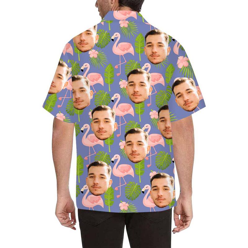 Custom Face Pink Flamingo and Leaves Men's All Over Print Hawaiian Shirt