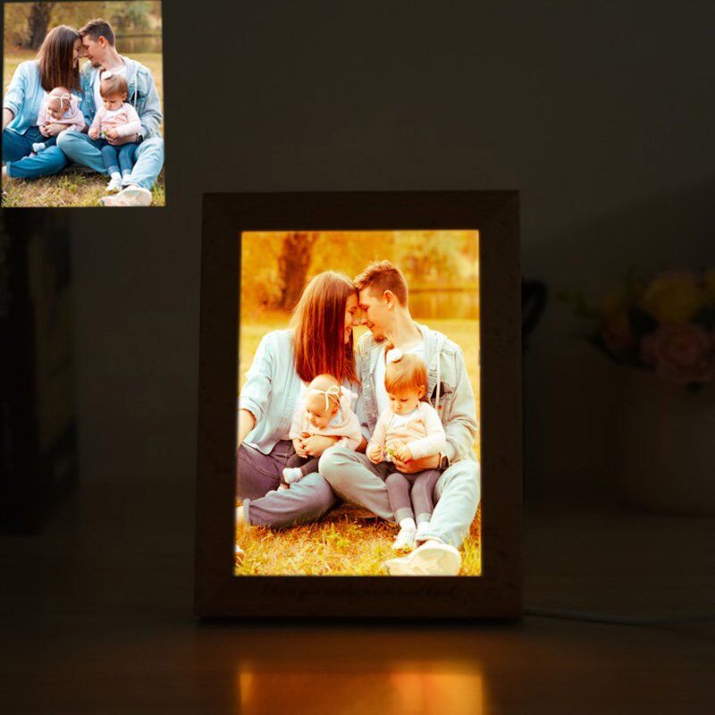 Lampe à photos avec cadre en bois Personnalisé - Ma maison chaleureuse - Cadeau pour la famille