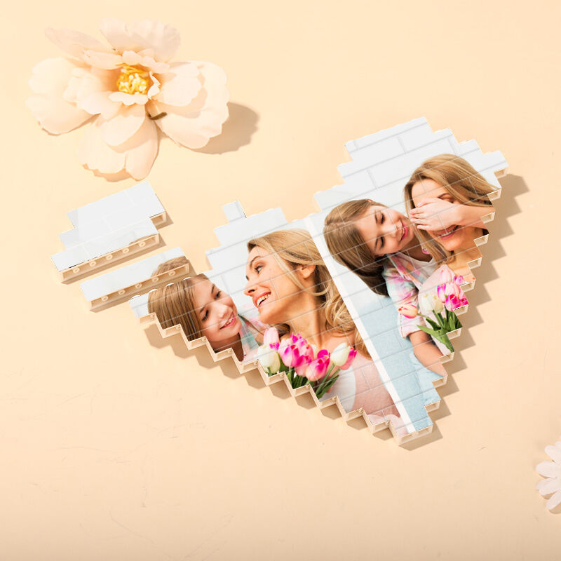 Custom Building Block Puzzle Personalised Photo Block Heart Shape for Mother's Day