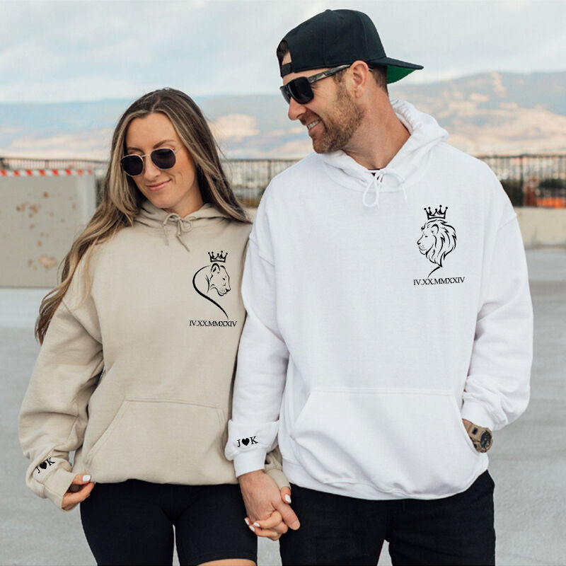 Personalized Hoodie Lion King Couple Crown Design with Custom Roman Numeral Date Gift for Lovers