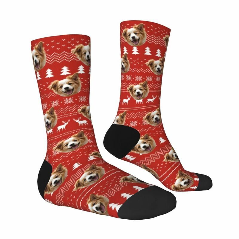 Chaussettes personnalisées pour le visage Chaussettes tricotées rouges avec motif d'élan Cadeau de Noël pour les propriétaires d'animaux de compagnie