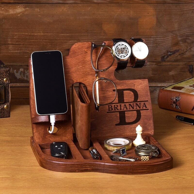 Personalized Desk Organizer Phone Docking Station Wooden Stand Custom Name Design Perfect Gift for Him