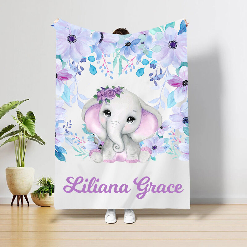 Personalized Name Blanket with Cute Elephant Pattern Lovely Gift