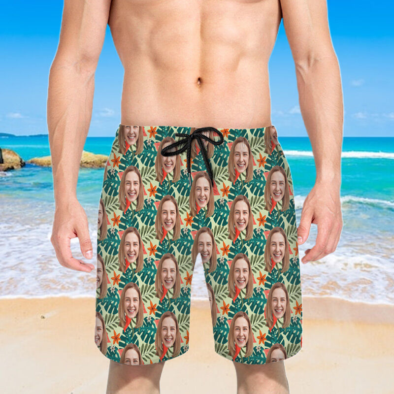 Gepersonaliseerde strandshort voor heren met bladerenpatroon eenvoudig cadeau voor het hele gezin