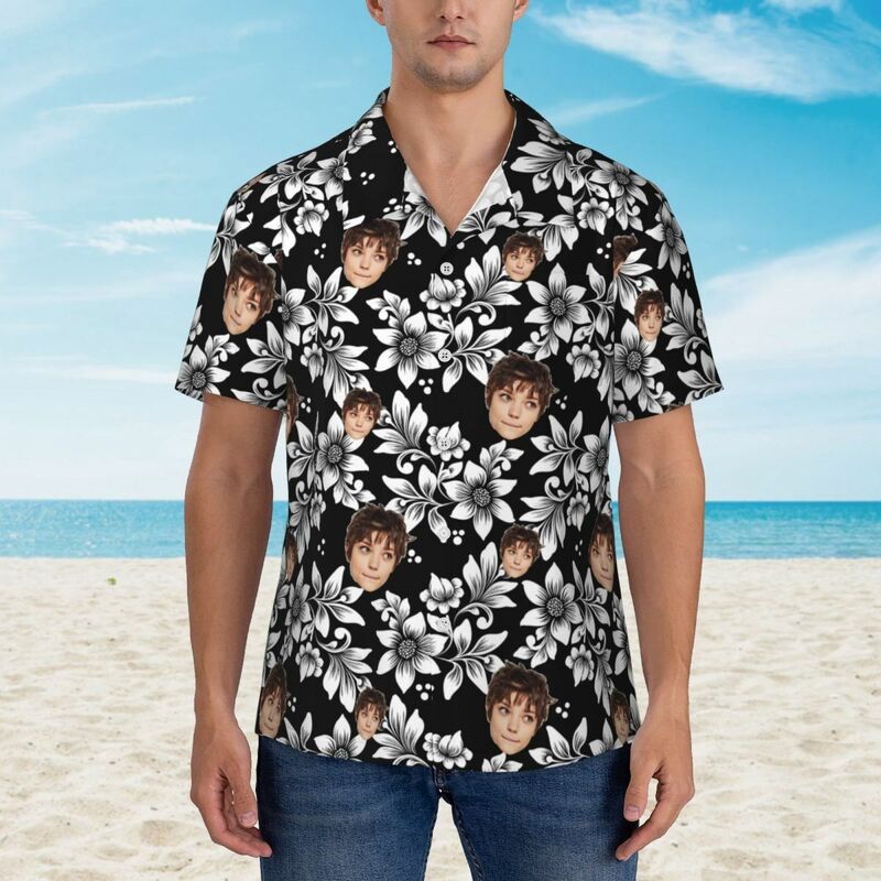 Camicia hawaiana personalizzata Top nero bianco floreale Aggiungi foto viso per uomo