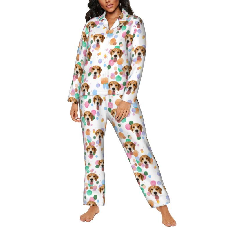 Gepersonaliseerde pyjama aangepaste foto huisdier kleurrijke inkt stippen patroon ontwerp levendig cadeau voor haar familie
