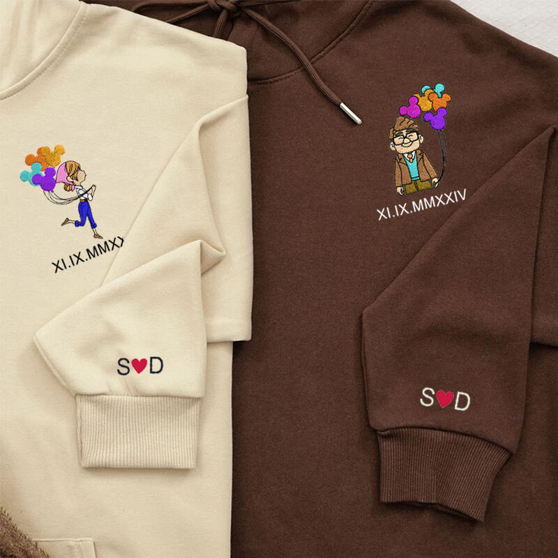 Personalized Hoodie Embroidered Cartoon Couple Balloons Custom Roman Numeral Date Unique Gift for Lovers