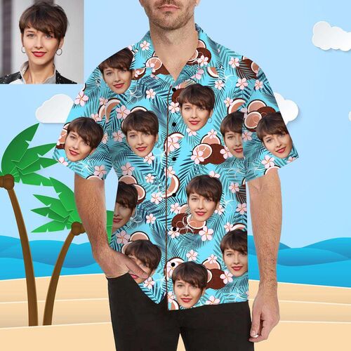 Individuelles Gesicht Frangipani und Kokosnuss Herren Bedrucken Hawaii Hemd/Shirt