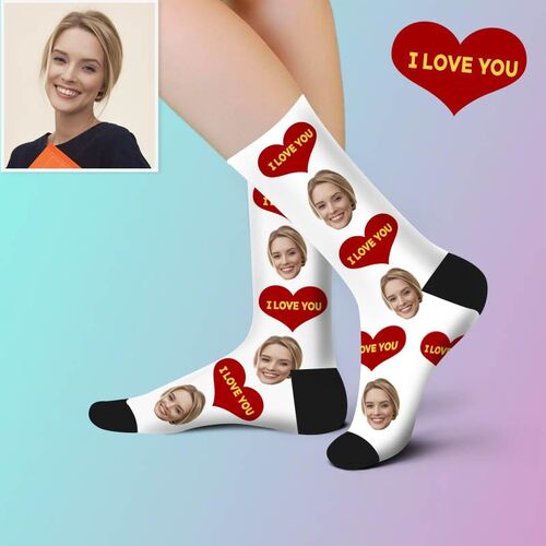Calcetines personalizados con foto de la cara de corazón rojo con texto I LOVE YOU