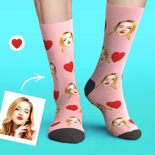 Calcetines personalizados con foto de la cara y corazones románticos
