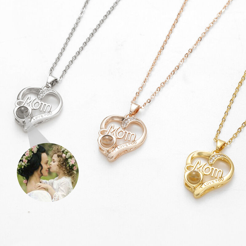 Collier "Je t'aime" à projection de photos en forme de cœur personnalisé avec diamants pour maman