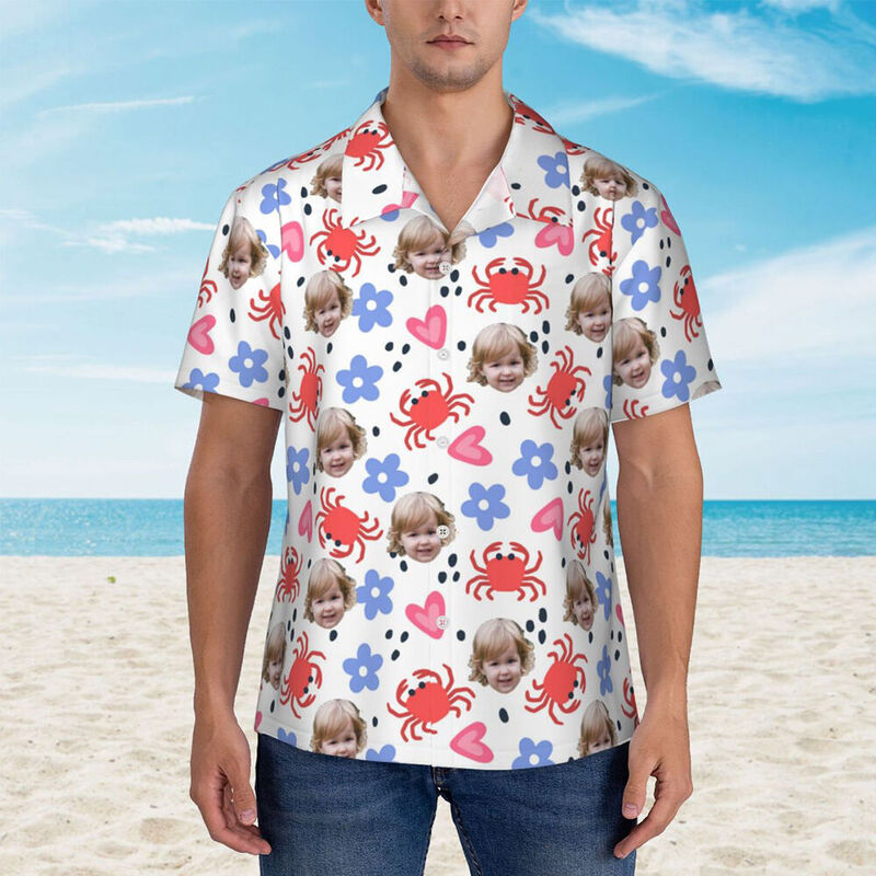 Camicia hawaiana personalizzata unisex da spiaggia a maniche corte con stampa di un cartone animato di granchio