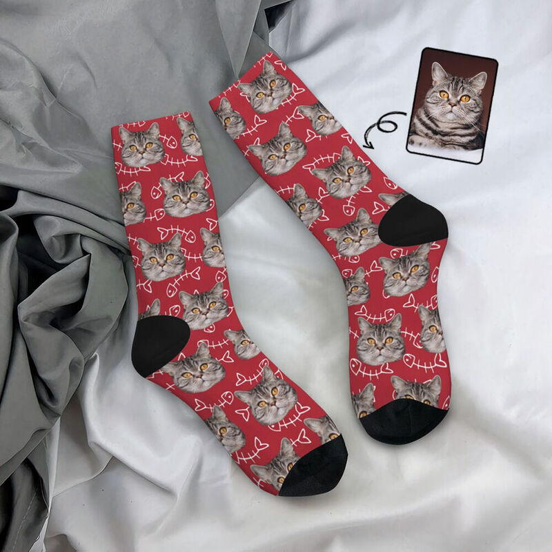 Personalized Fish Bones Printed Face Socks with Pet Pictures Added for Pet Lover