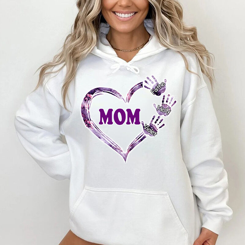 Personalized Hoodie Custom Kids Name Sparkling Heart Hands Design Exquisite Mother's Day Gift