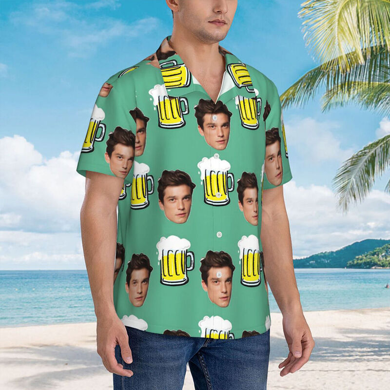 Personalized Hawaiian Shirt Cartoon Beer Print Green Summer Top for Friends