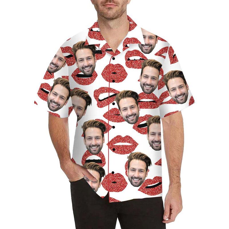 Custom Face Red Lips Men's All Over Print Hawaiian Shirt