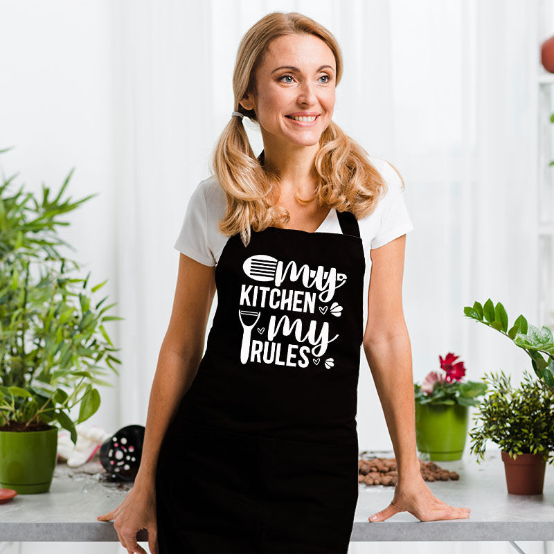 Simple Apron with Kitchen Utensils Pattern for Family "My Kitchen My Rules"