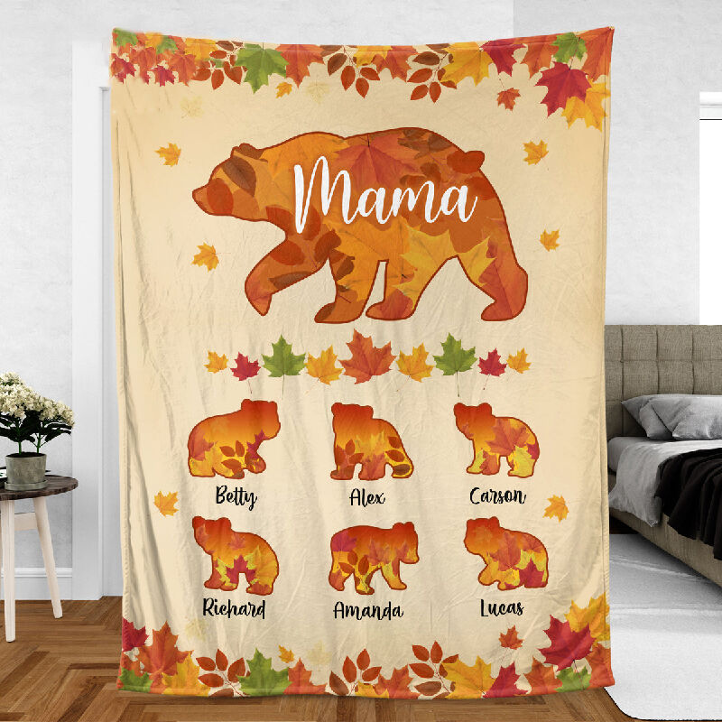 Personalized Name Blanket with Bear And Maple Leaves Pattern Beautiful Present for Thanksgiving Day