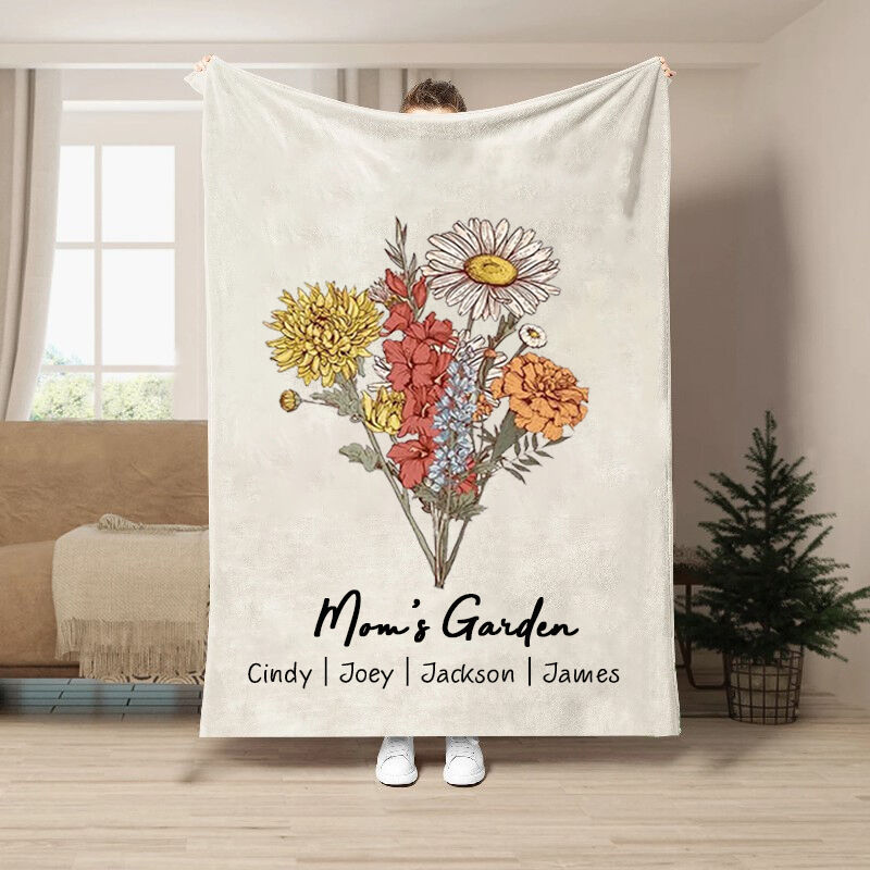 Personalized Birth Flower Blanket with Custom Name And Background Color Retro Style Gift for Best Mom