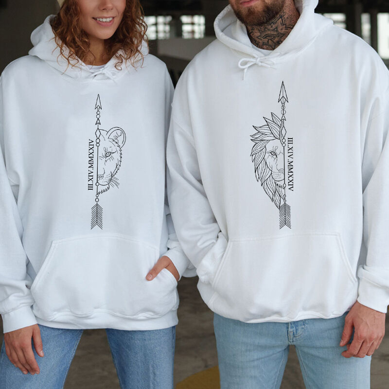 Personalized Hoodie Cool Lion King Couple Design with Custom Roman Numeral Date Gift for Lovers