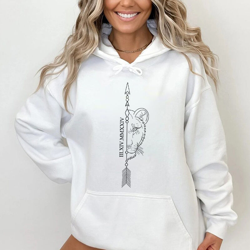 Personalized Hoodie Cool Lion King Couple Design with Custom Roman Numeral Date Gift for Lovers