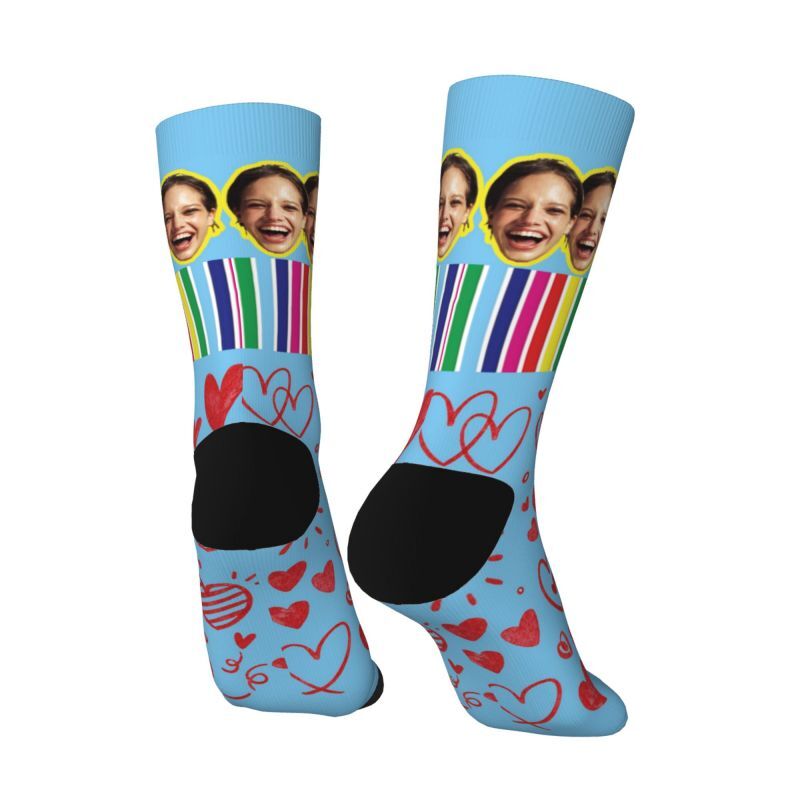 Customized Face Socks with Love Hearts and Rainbow Stripes for Couples