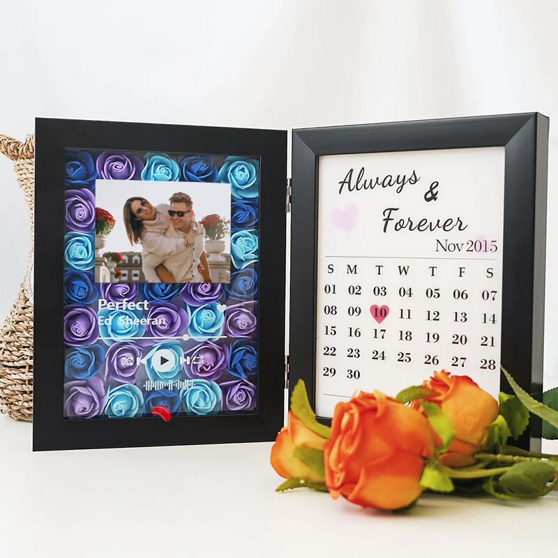 Personalized Photo Flower Shadow Box Custom Love Song with Calendar Design Unique Gift for Special Anniversary