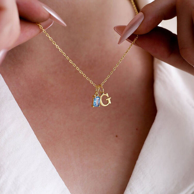 Personalized Birthstone Necklace Square Gemstone and Initial Birthday Gift for Her