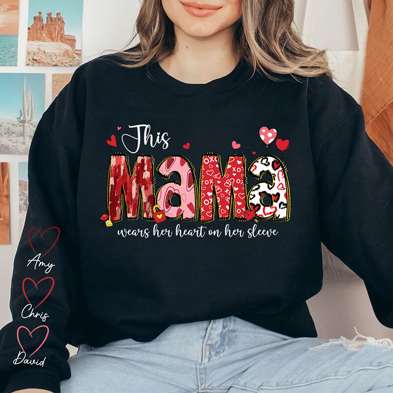 Personalized Sweatshirt This Mama Wears Her Heart On Her Sleeve Cute Red Design Perfect Mother's Day Gift