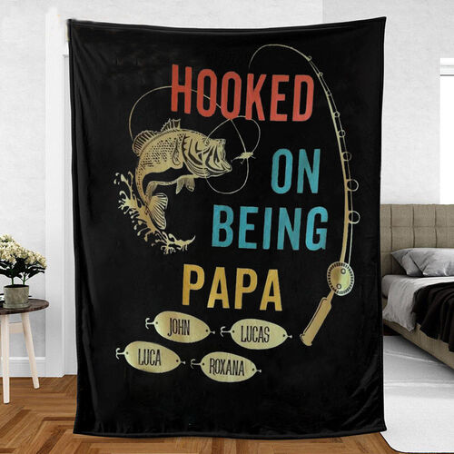 Personalized Name Blanket with Fishing Pattern Interesting Gift for Daddy "Hooked On Being Papa"