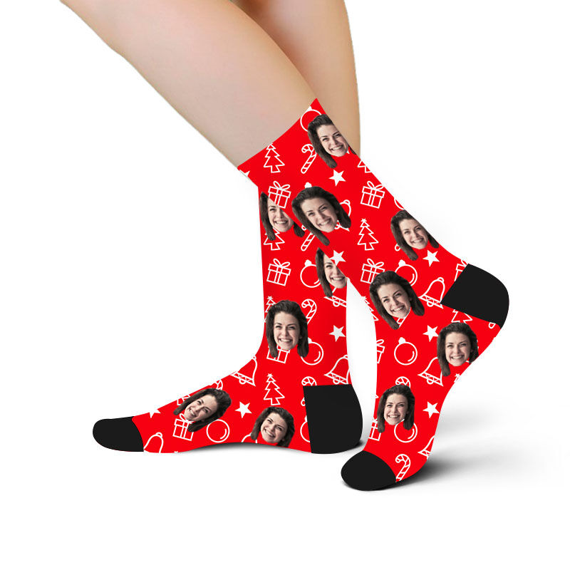 Custom Face Picture Socks Printed with Christmas Gift and Bell for Lover
