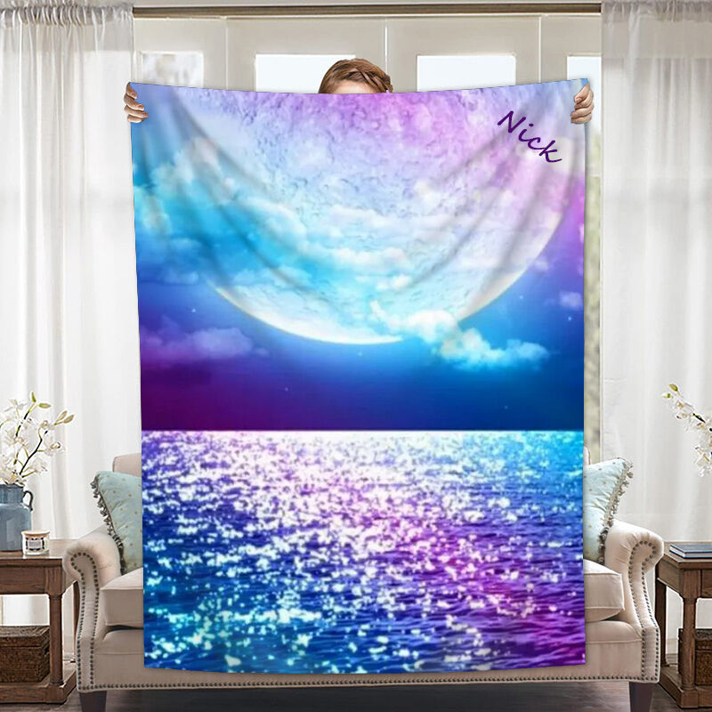 Personalized Name Blanket with Sea Moon Pattern Beautiful Present for Girl