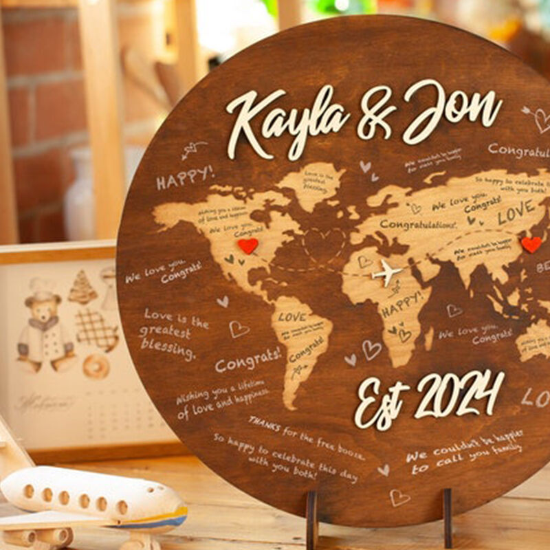 Libro de visitas de madera personalizado con mapa del mundo, regalo de boda de larga distancia