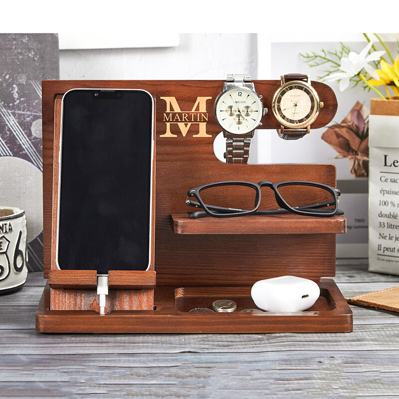 Persoonlijke bureau-organisator Telefoon-docking-station Houten stand Aangepast design Nuttig cadeau voor hem
